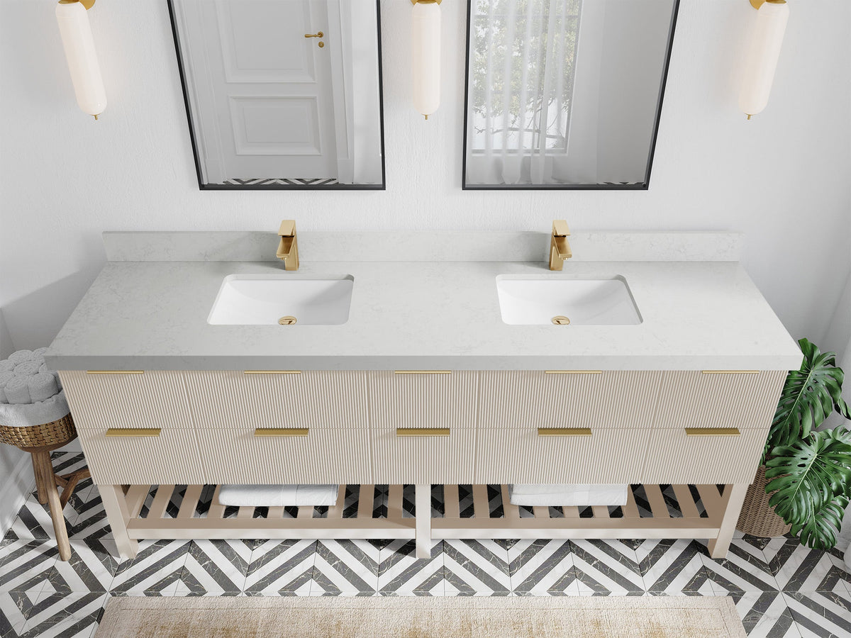Catalina 84 in. W x 22 in. D Double Sink Bathroom Vanity in Fine Grain with 2 in Carrara Quartz Countertop - Top View
