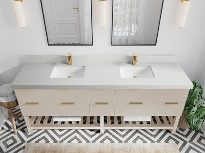 Catalina 84 in. W x 22 in. D Double Sink Bathroom Vanity in Fine Grain with 2 in Carrara Quartz Countertop - Top View