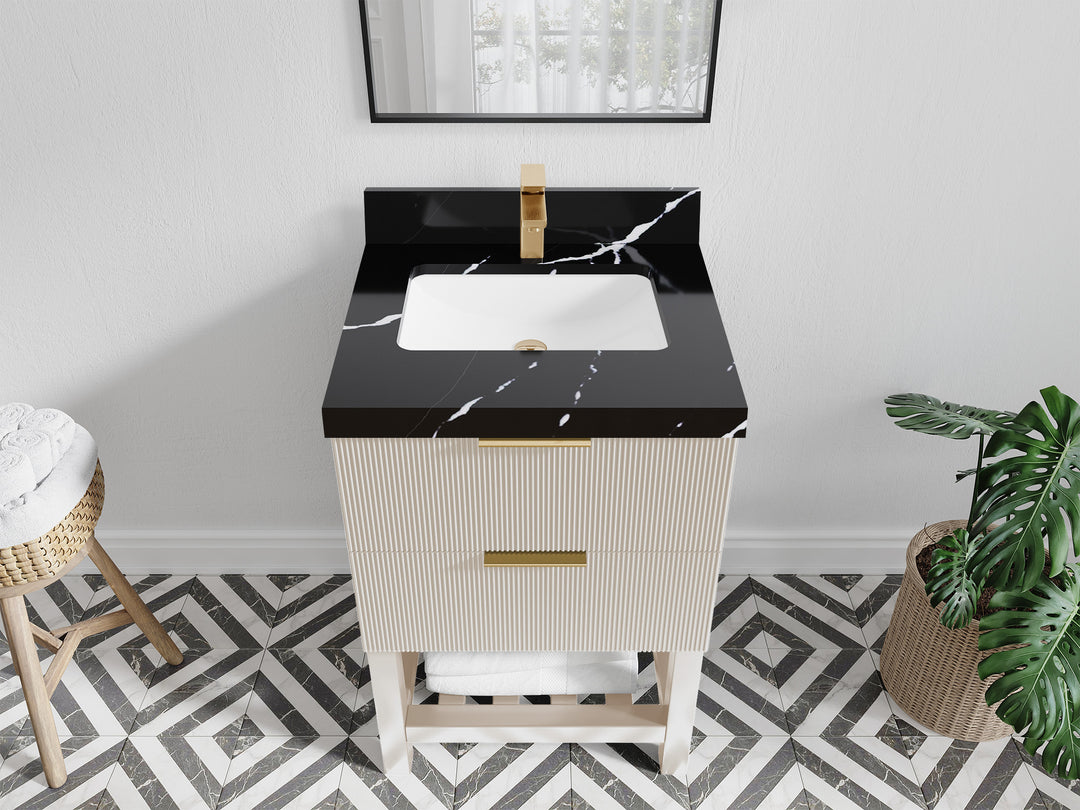 Catalina 24 in. W x 22 in. D Single Sink Bathroom Vanity in Fine Grain with 2 in Calacatta Black Quartz Countertop - Top View