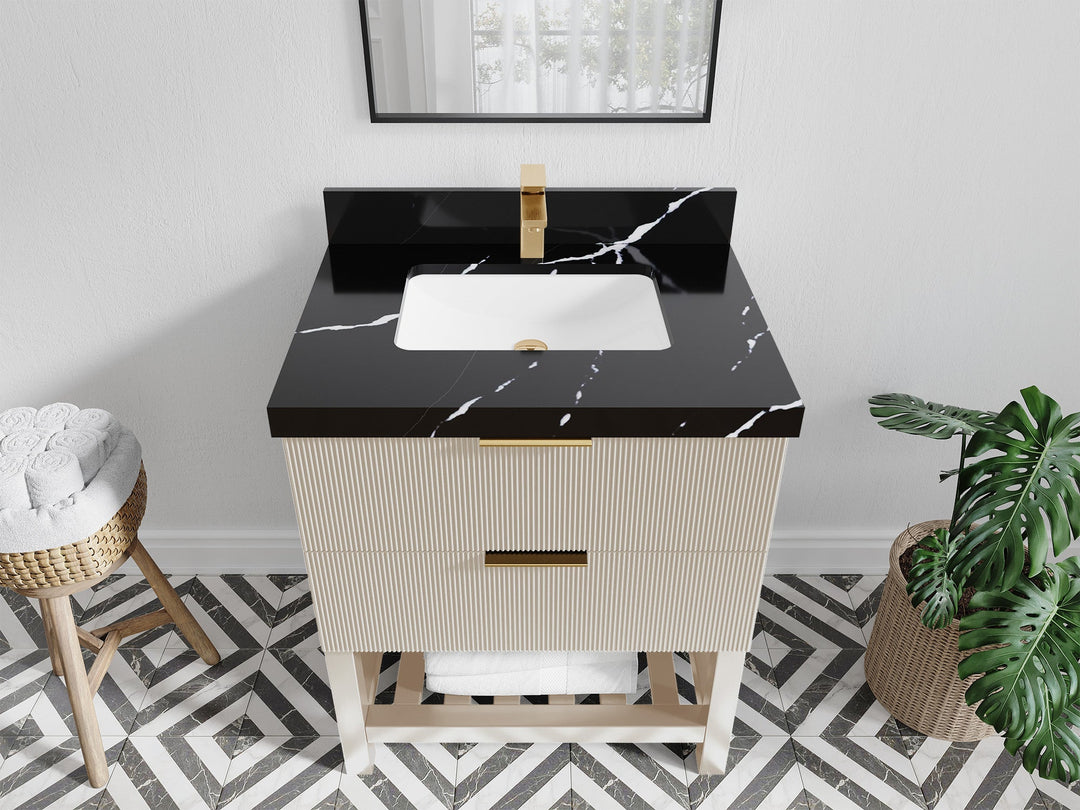 Catalina 30 in. W x 22 in. D Single Sink Bathroom Vanity in Fine Grain with 2 in Calacatta Black Quartz Countertop - Top View