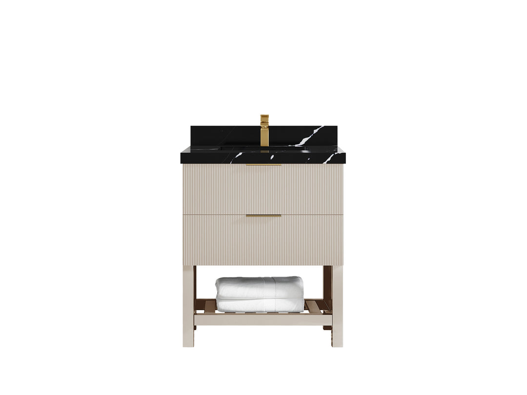 Catalina 30 in. W x 22 in. D Single Sink Bathroom Vanity in Fine Grain with 2 in Calacatta Black Quartz Countertop