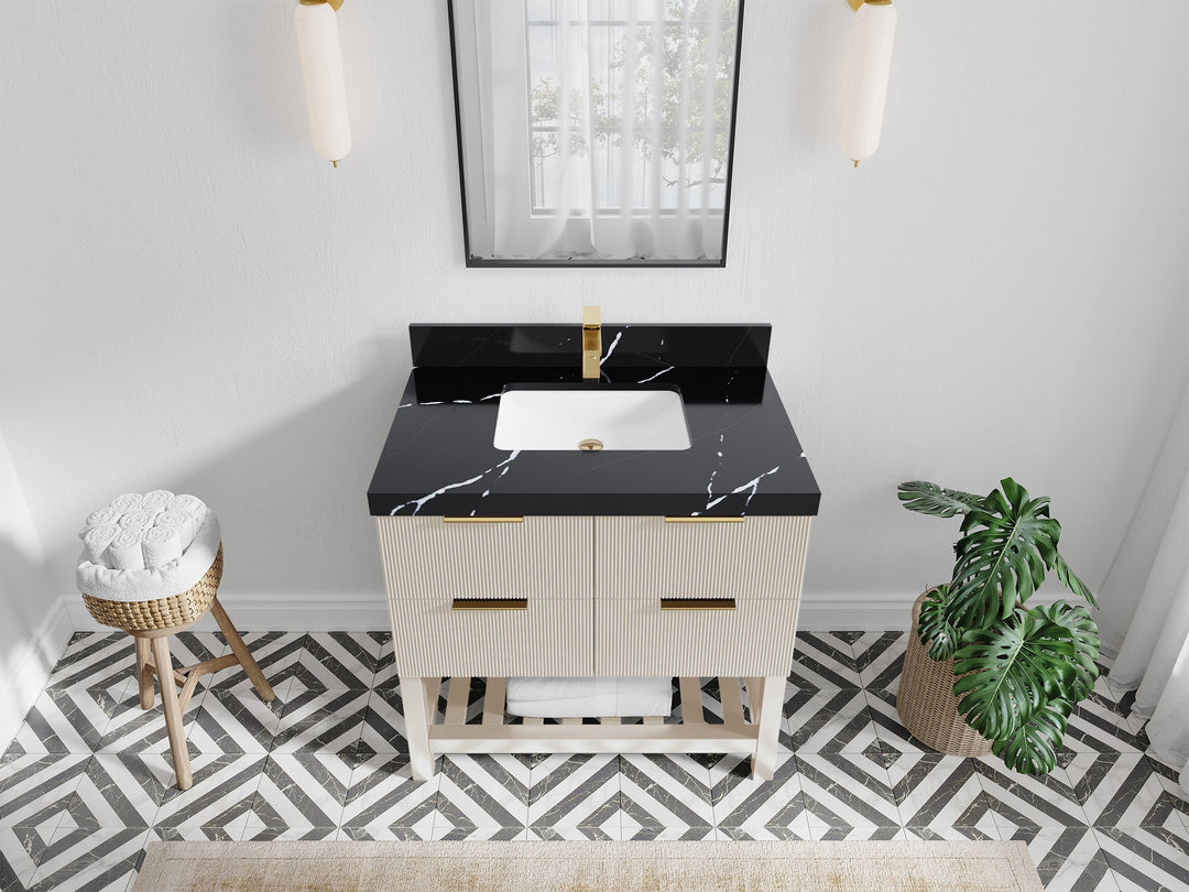 Catalina 36 in. W x 22 in. D Single Sink Bathroom Vanity in Fine Grain with 2 in Calacatta Black Quartz Countertop - Top View
