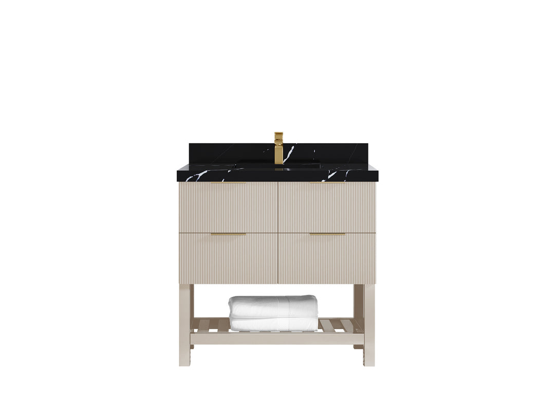 Catalina 36 in. W x 22 in. D Single Sink Bathroom Vanity in Fine Grain with 2 in Calacatta Black Quartz Countertop