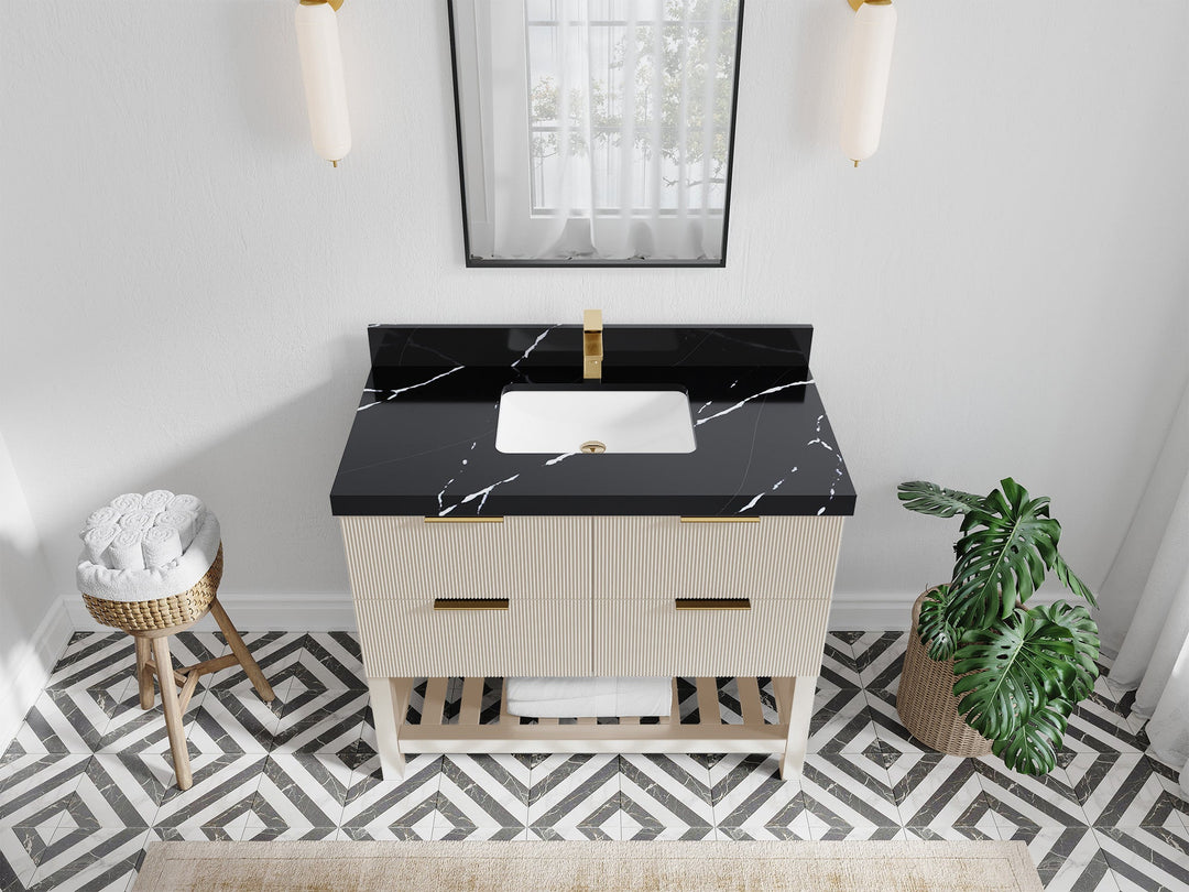 Catalina 42 in. W x 22 in. D Single Sink Bathroom Vanity in Fine Grain with 2 in Calacatta Black Quartz Countertop Top View