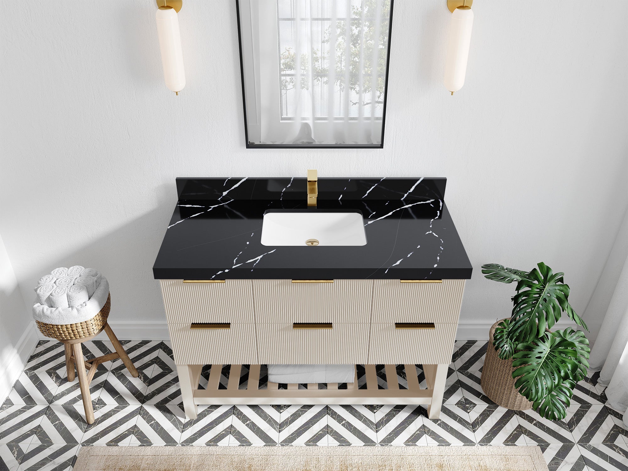 Catalina 48 in. W x 22 in. D Single Sink Bathroom Vanity in Fine Grain with 2 in Calacatta Black Quartz Countertop - Top View