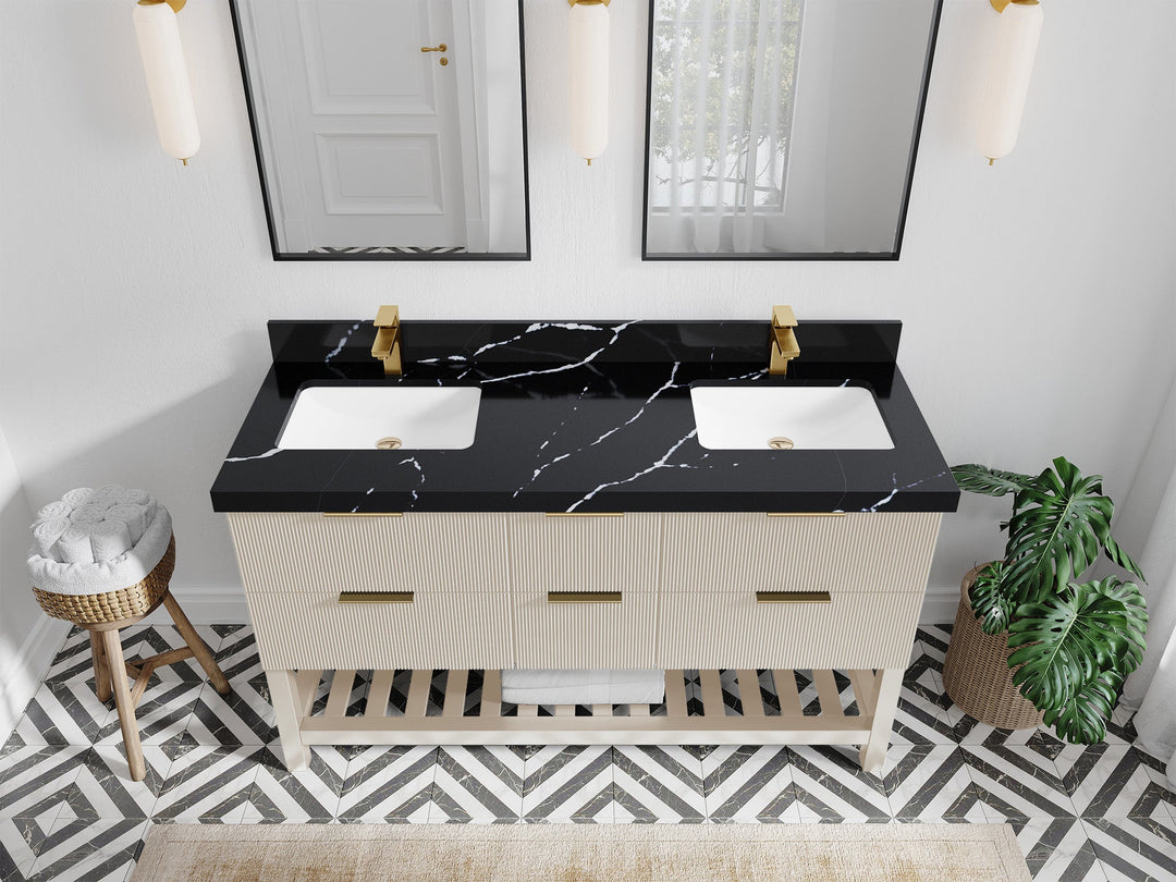 Catalina 60 in. W x 22 in. D Double Sink Bathroom Vanity in Fine Grain with 2 in Calacatta Black Quartz Countertop - Top View