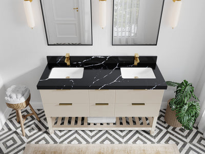 Catalina 60 in. W x 22 in. D Double Sink Bathroom Vanity in Fine Grain with 2 in Calacatta Black Quartz Countertop - Top View