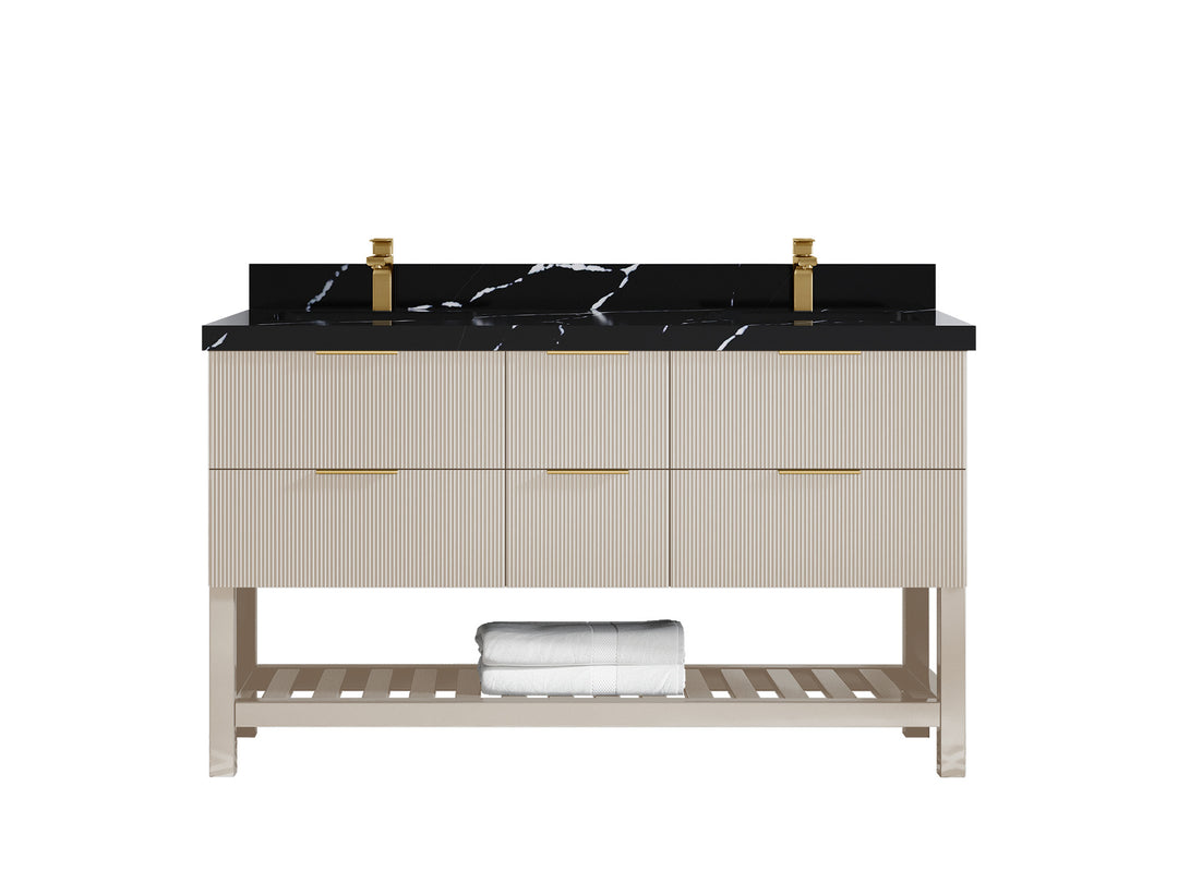 Catalina 60 in. W x 22 in. D Double Sink Bathroom Vanity in Fine Grain with 2 in Calacatta Black Quartz Countertop 