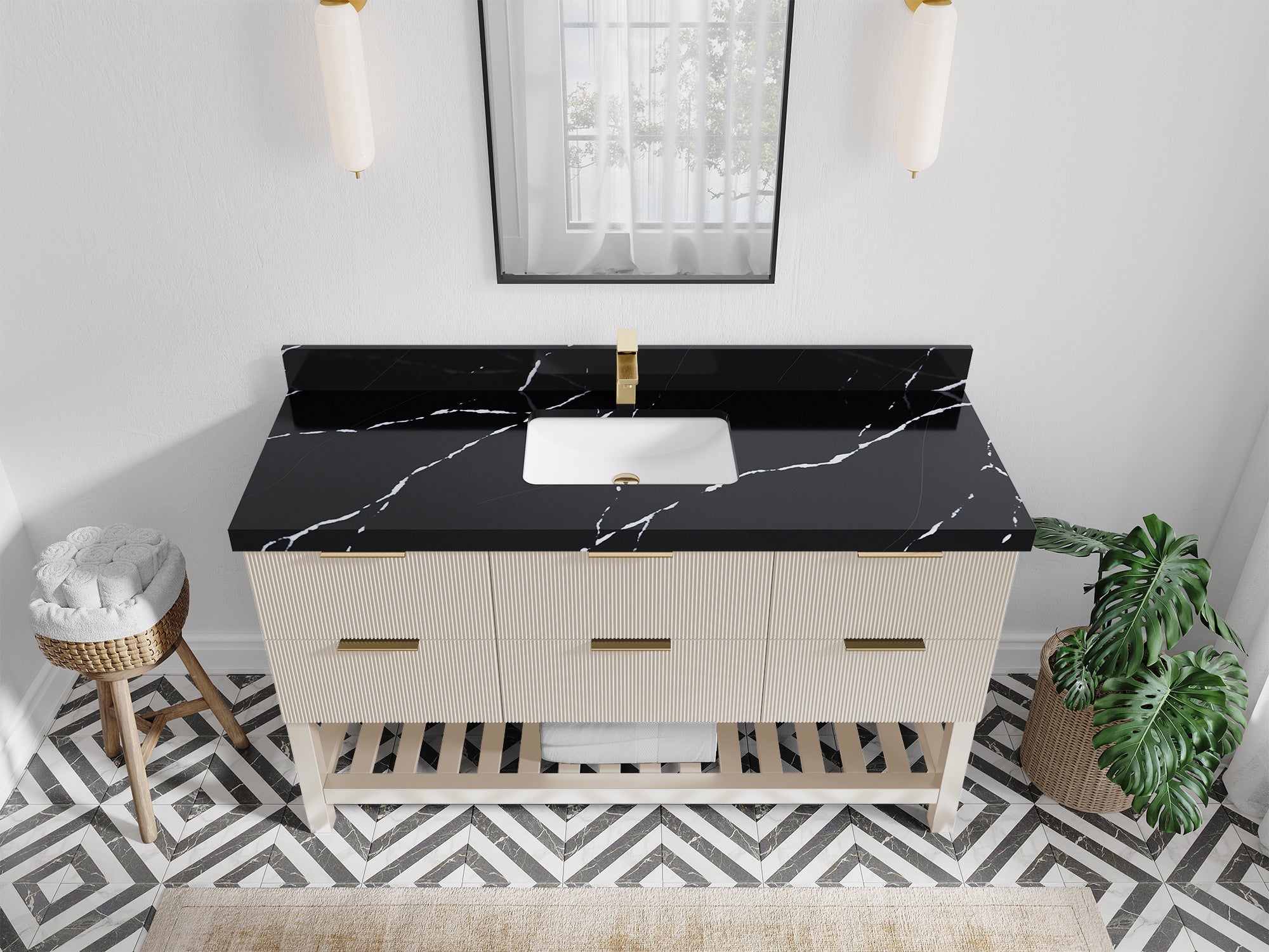 Catalina 60 in. W x 22 in. D Single Sink Bathroom Vanity in Fine Grain with 2 in Calacatta Black Quartz Countertop - Top View