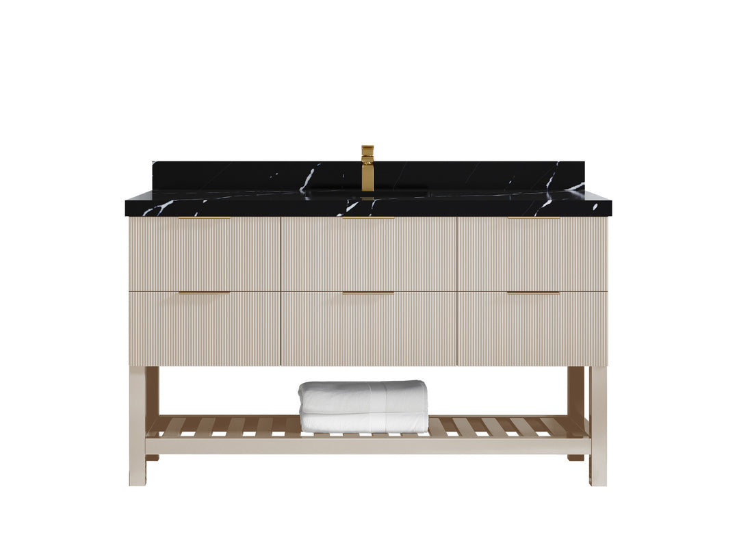 Catalina 60 in. W x 22 in. D Single Sink Bathroom Vanity in Fine Grain with 2 in Calacatta Black Quartz Countertop