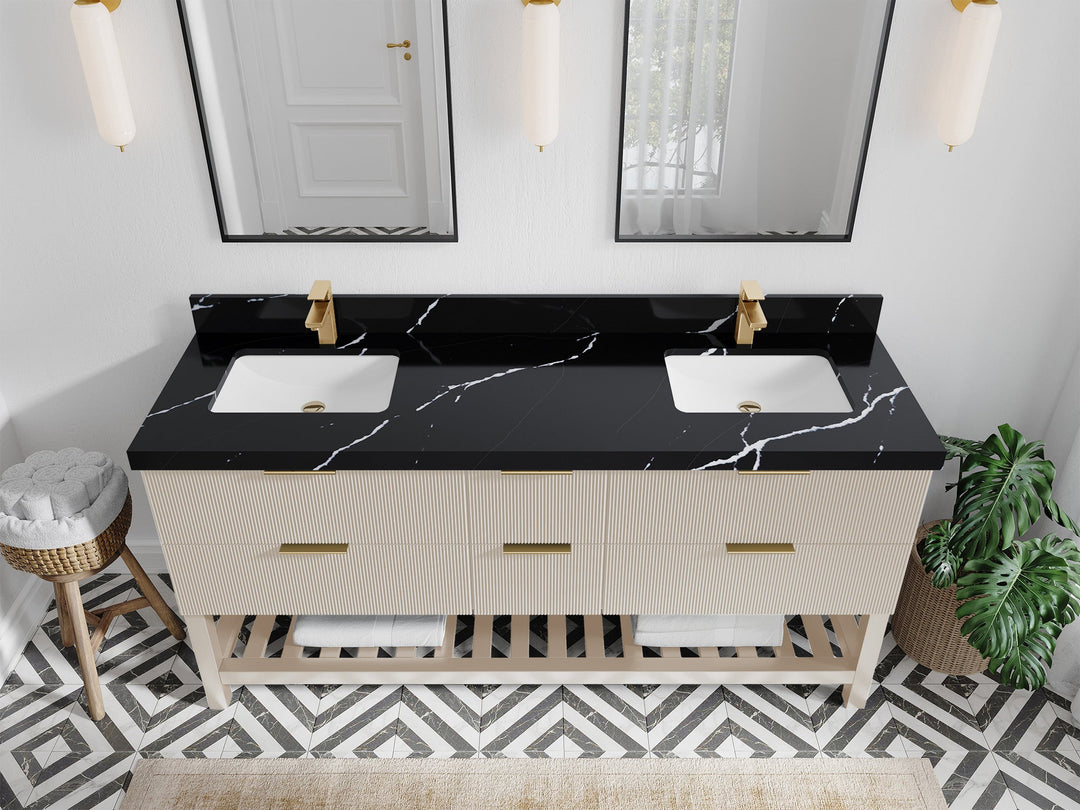 Catalina 72 in. W x 22 in. D Double Sink Bathroom Vanity in Fine Grain with 2 in Calacatta Black Quartz Countertop - Top View