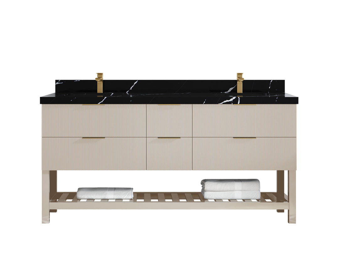 Catalina 72 in. W x 22 in. D Double Sink Bathroom Vanity in Fine Grain with 2 in Calacatta Black Quartz Countertop