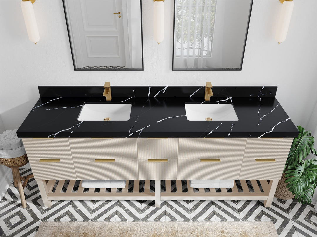 Catalina 84 in. W x 22 in. D Double Sink Bathroom Vanity in Fine Grain with 2 in Calacatta Black Quartz Countertop - Top View