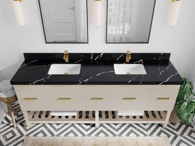 Catalina 84 in. W x 22 in. D Double Sink Bathroom Vanity in Fine Grain with 2 in Calacatta Black Quartz Countertop - Top View