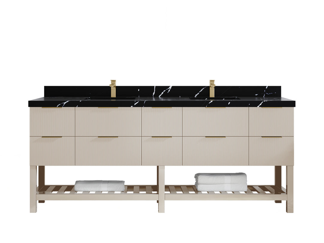 Catalina 84 in. W x 22 in. D Double Sink Bathroom Vanity in Fine Grain with 2 in Calacatta Black Quartz Countertop