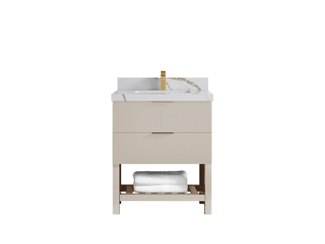 Catalina 30 in. W x 22 in. D Single Sink Bathroom Vanity in Fine Grain with 2 in Calacatta Gold Quartz Countertop