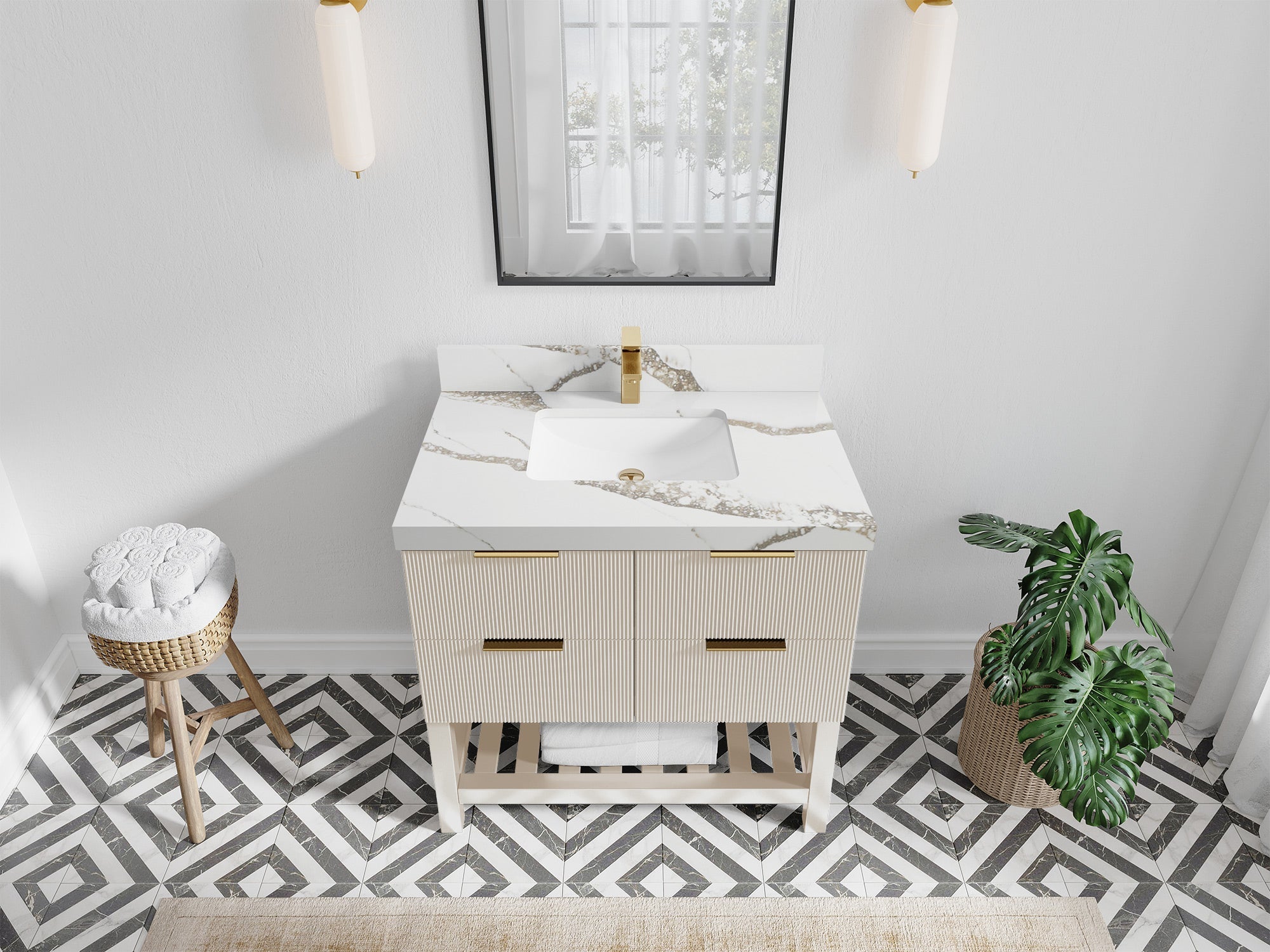 Catalina 36 in. W x 22 in. D Single Sink Bathroom Vanity in Fine Grain with 2 in Calacatta Gold Quartz Countertop - Top View
