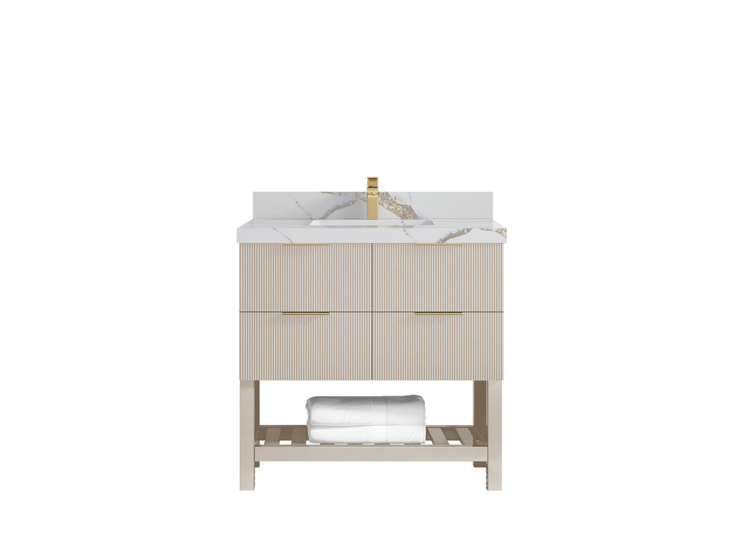 Catalina 36 in. W x 22 in. D Single Sink Bathroom Vanity in Fine Grain with 2 in Calacatta Gold Quartz Countertop