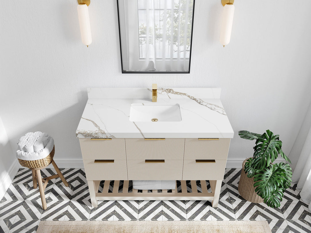Catalina 48 in. W x 22 in. D Single Sink Bathroom Vanity in Fine Grain with 2 in Calacatta Gold Quartz Countertop - Top View