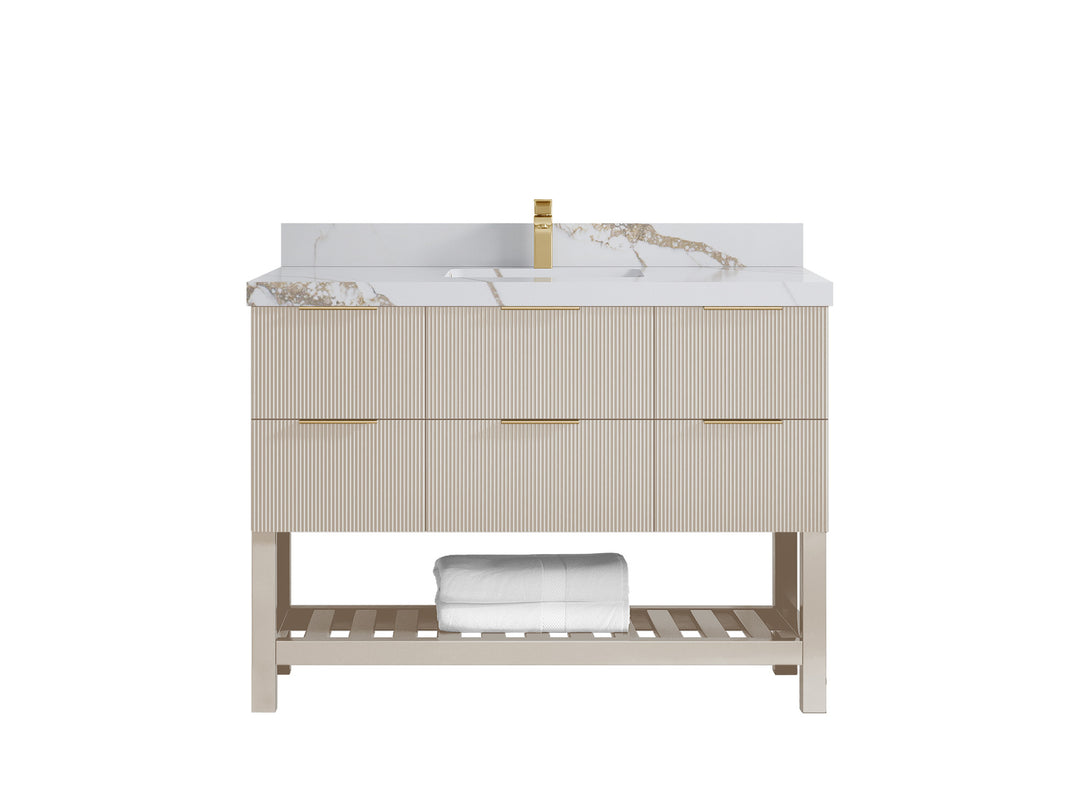Catalina 48 in. W x 22 in. D Single Sink Bathroom Vanity in Fine Grain with 2 in Calacatta Gold Quartz Countertop