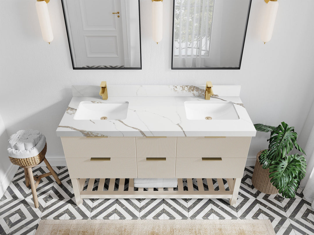 Catalina 60 in. W x 22 in. D Double Sink Bathroom Vanity in Fine Grain with 2 in Calacatta Gold Quartz Countertop - Top View