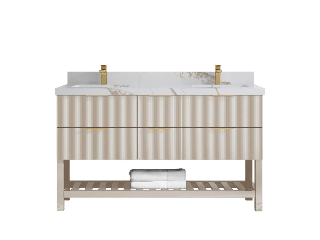 Catalina 60 in. W x 22 in. D Double Sink Bathroom Vanity in Fine Grain with 2 in Calacatta Gold Quartz Countertop 