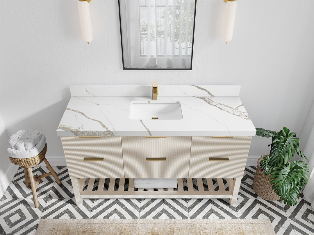 Catalina 60 in. W x 22 in. D Single Sink Bathroom Vanity in Fine Grain with 2 in Calacatta Gold Quartz Countertop - Top View