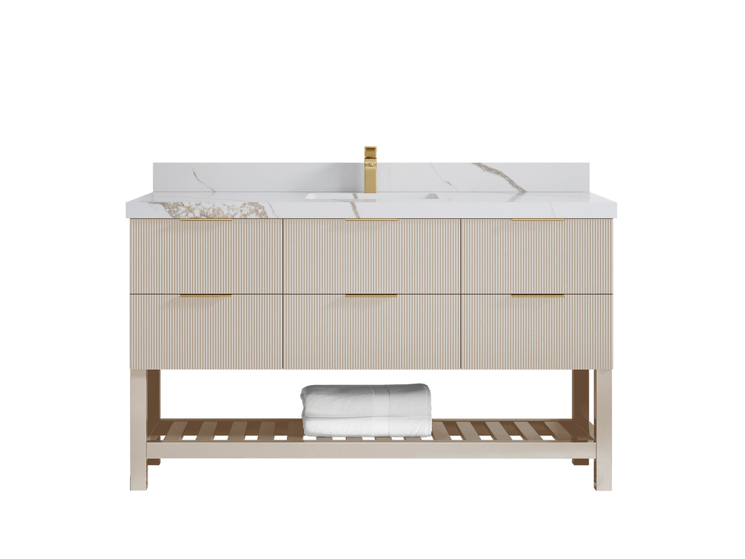 Catalina 60 in. W x 22 in. D Single Sink Bathroom Vanity in Fine Grain with 2 in Calacatta Gold Quartz Countertop