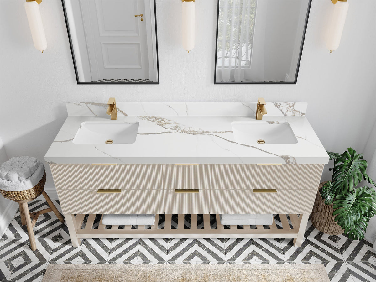 Catalina 72 in. W x 22 in. D Double Sink Bathroom Vanity in Fine Grain with 2 in Calacatta Gold Quartz Countertop - Top View