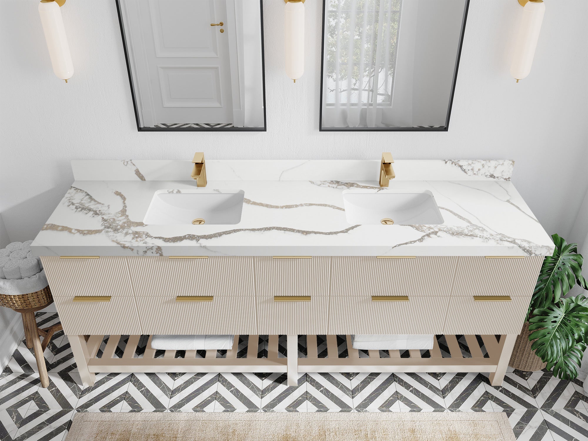 Catalina 84 in. W x 22 in. D Double Sink Bathroom Vanity in Fine Grain with 2 in Calacatta Gold Quartz Countertop - Top View
