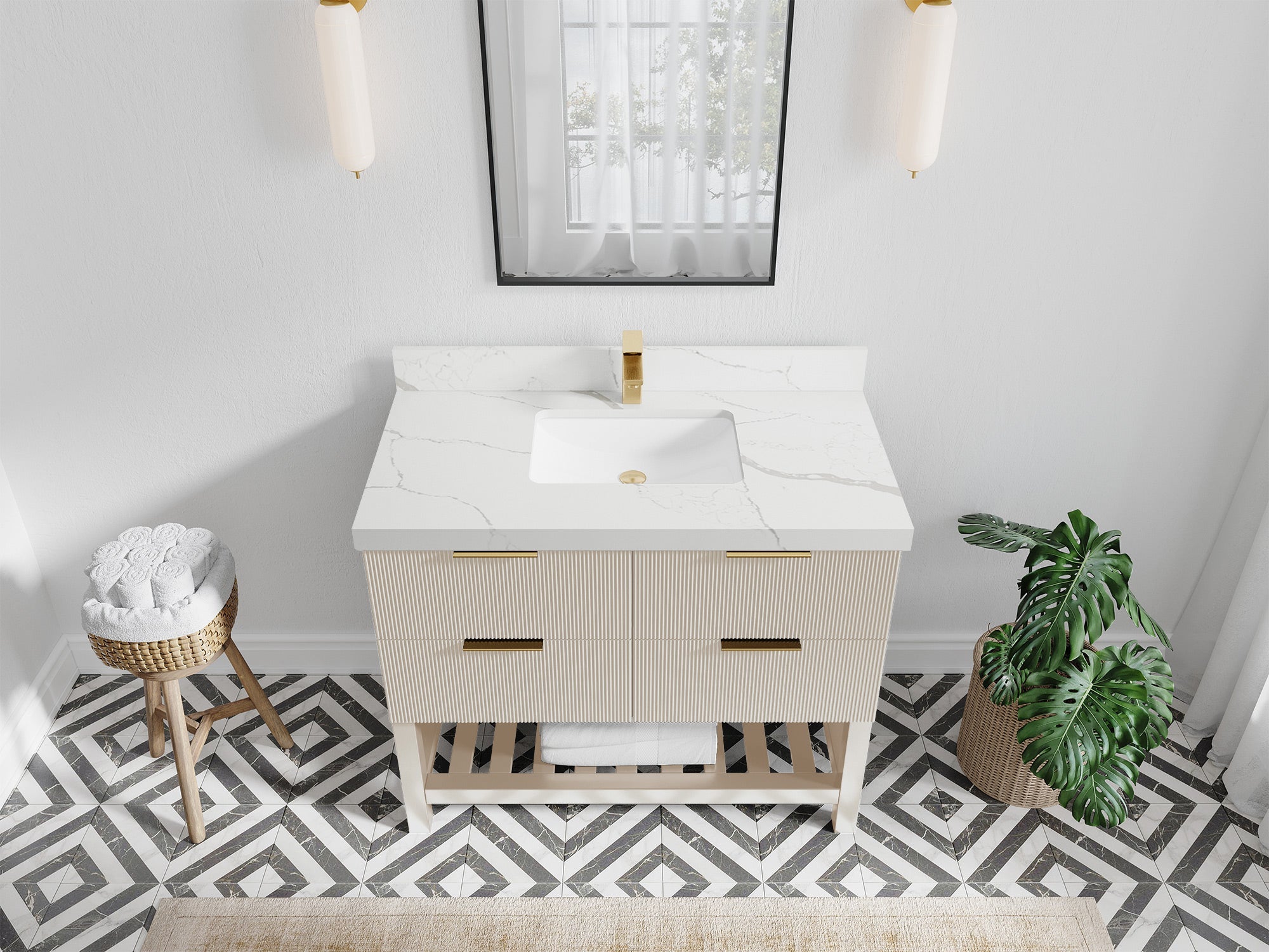 Catalina 42 in. W x 22 in. D Single Sink Bathroom Vanity in Fine Grain with 2 in Calacatta Laza Quartz Countertop Top View