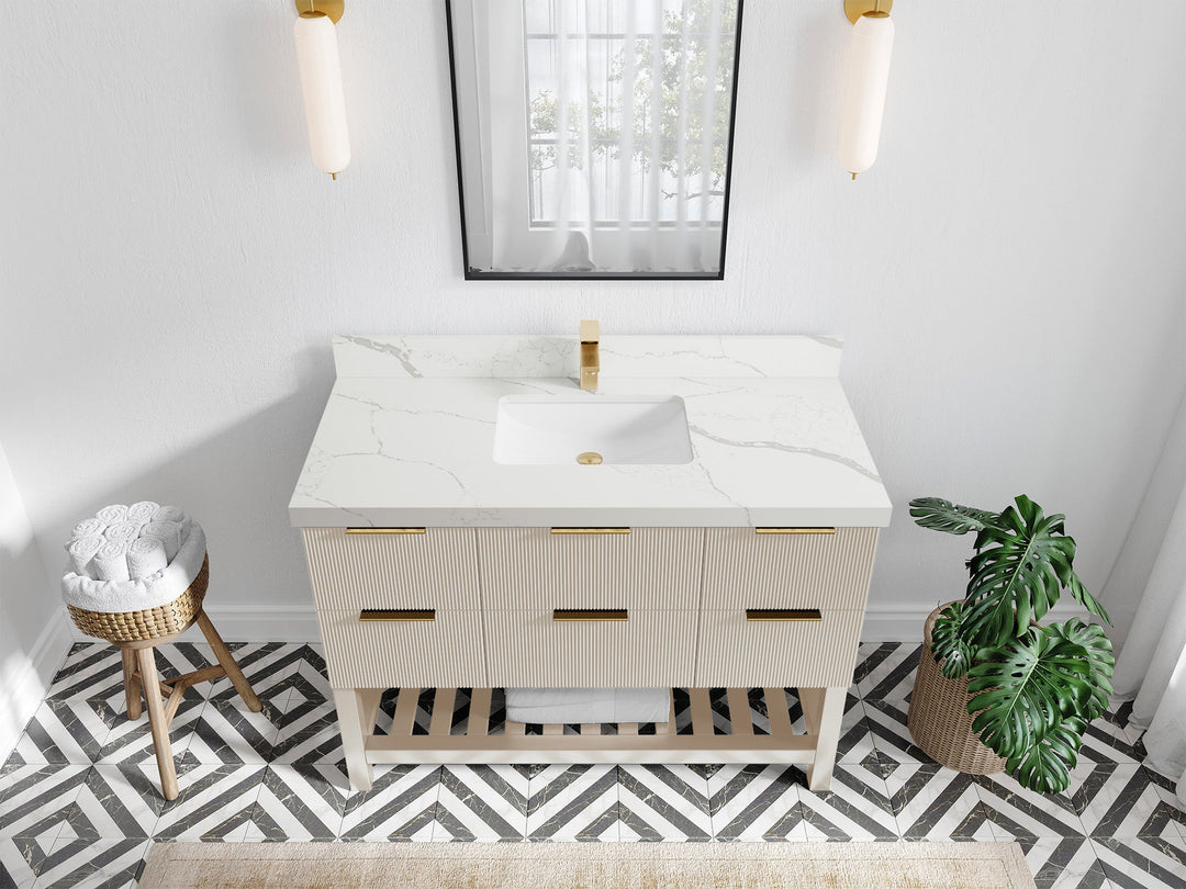 Catalina 48 in. W x 22 in. D Single Sink Bathroom Vanity in Fine Grain with 2 in Calacatta Laza Quartz Countertop - Top View