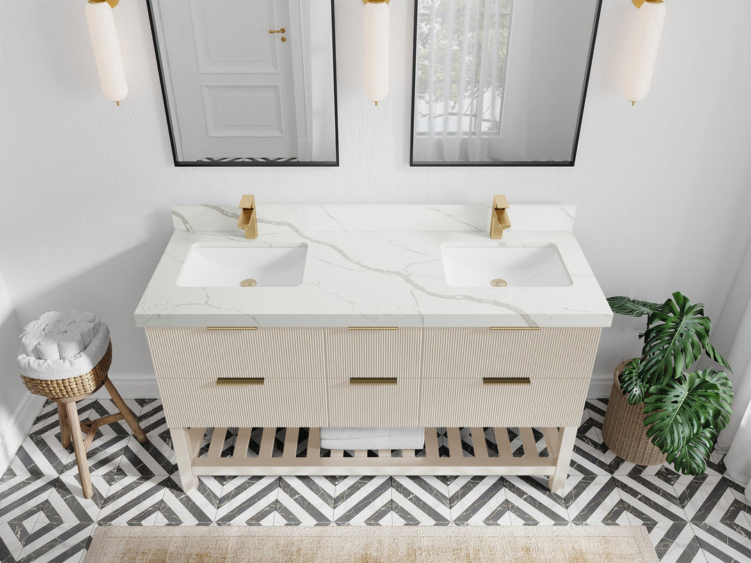 Catalina 60 in. W x 22 in. D Double Sink Bathroom Vanity in Fine Grain with 2 in Calacatta Laza Quartz Countertop - Top View