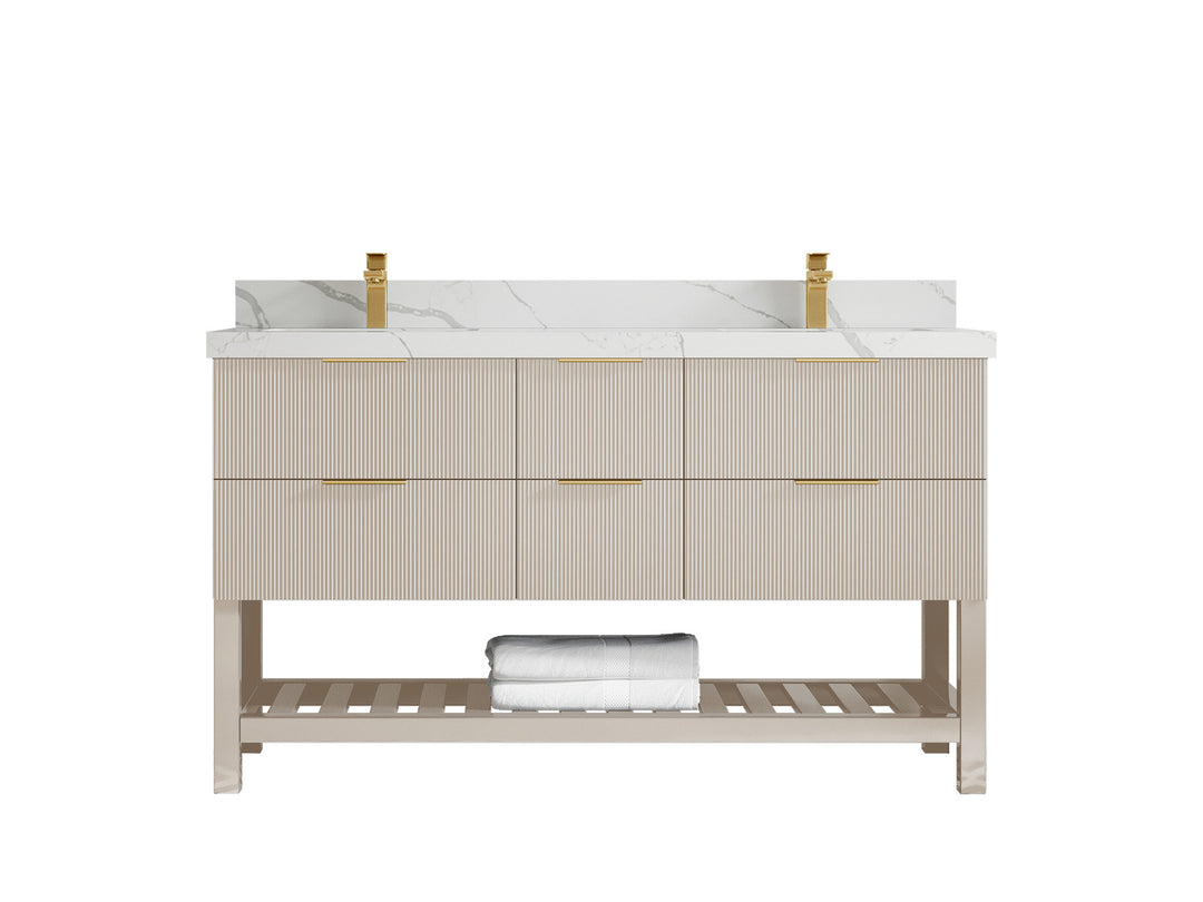 Catalina 60 in. W x 22 in. D Double Sink Bathroom Vanity in Fine Grain with 2 in Calacatta Laza Quartz Countertop 