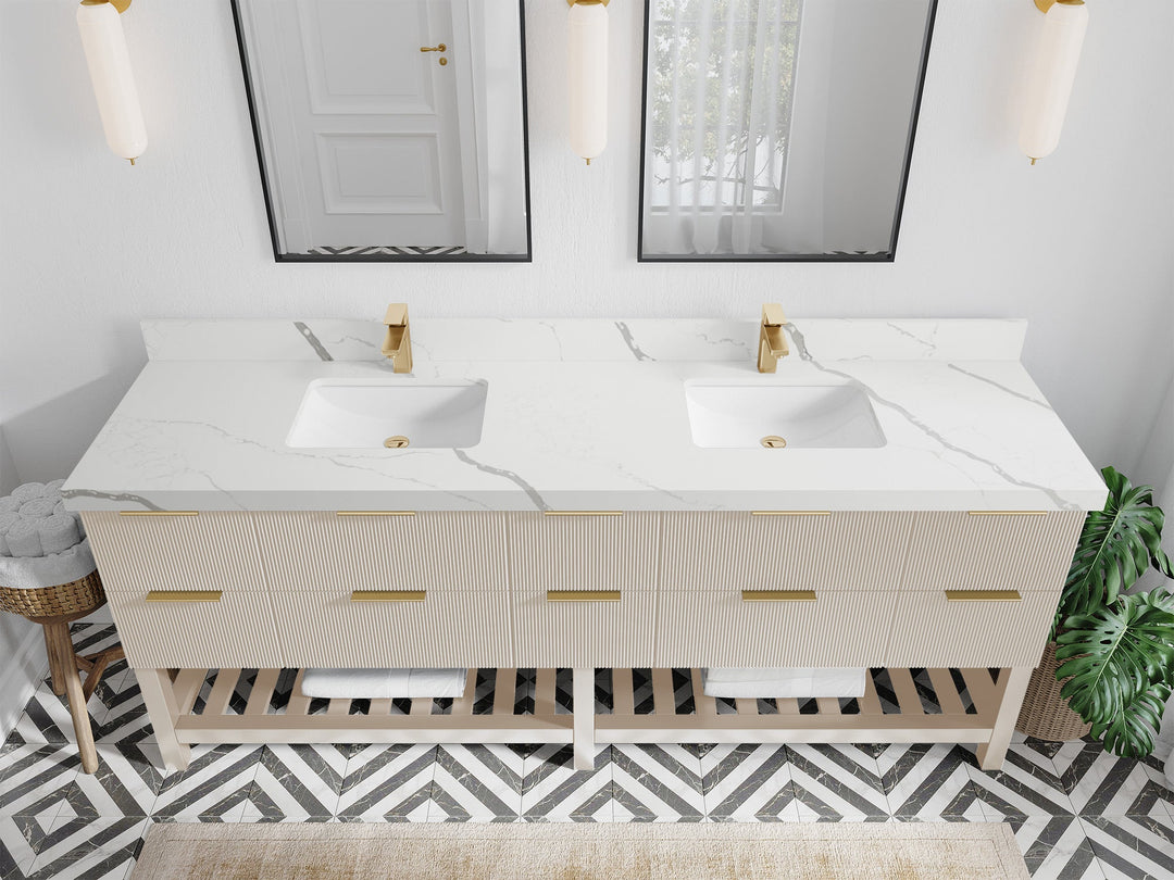 Catalina 84 in. W x 22 in. D Double Sink Bathroom Vanity in Fine Grain with 2 in Calacatta Laza Quartz Countertop - Top View