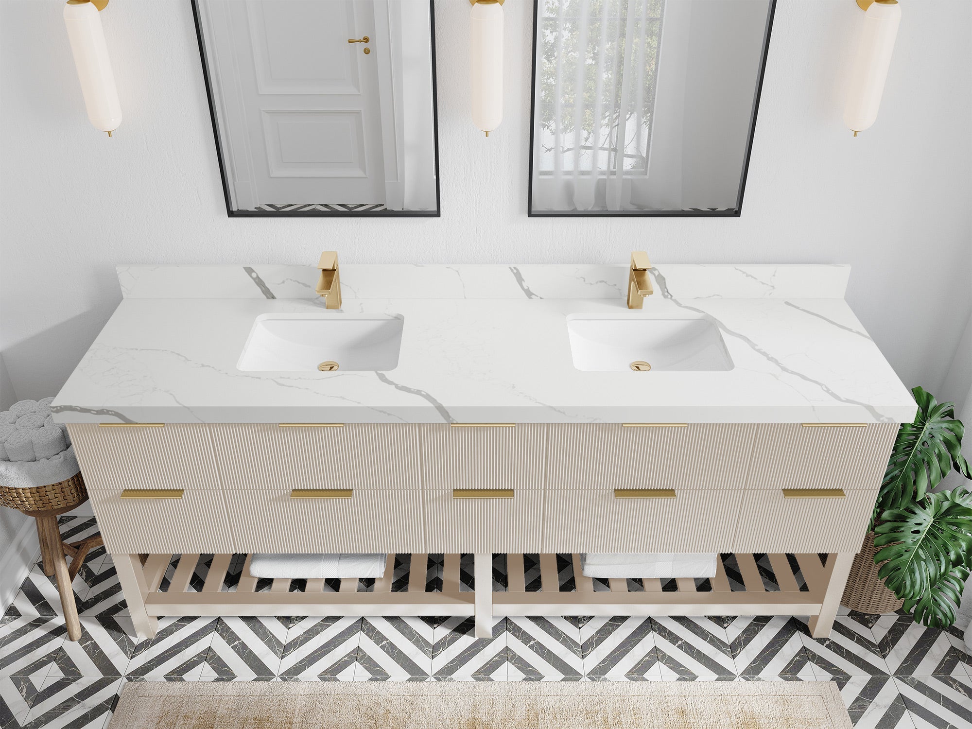 Catalina 84 in. W x 22 in. D Double Sink Bathroom Vanity in Fine Grain with 2 in Calacatta Laza Quartz Countertop - Top View
