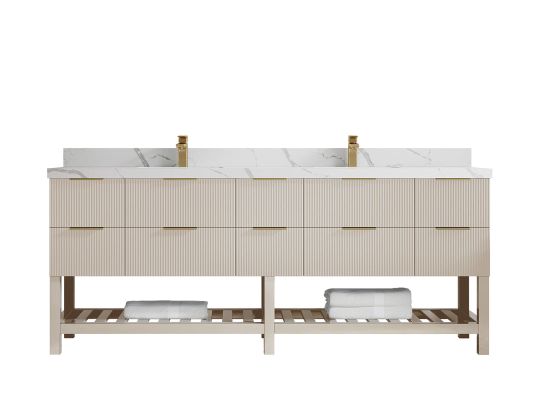 Catalina 84 in. W x 22 in. D Double Sink Bathroom Vanity in Fine Grain with 2 in Calacatta Laza Quartz Countertop