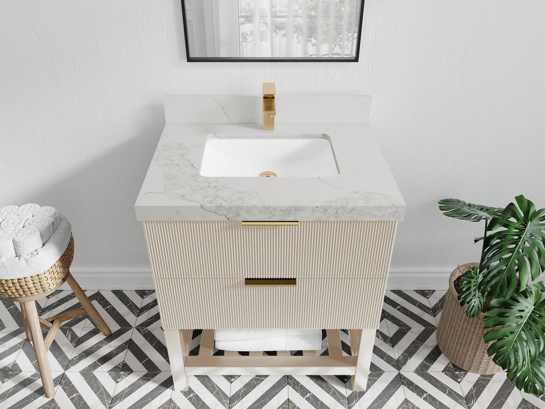 Catalina 30 in. W x 22 in. D Single Sink Bathroom Vanity in Fine Grain with 2 in Calacatta Nuvo Quartz Countertop - Top View
