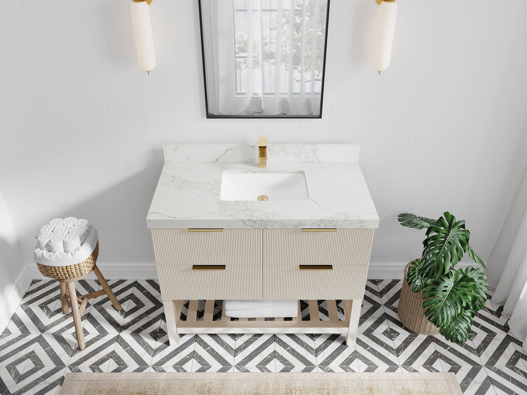 Catalina 42 in. W x 22 in. D Single Sink Bathroom Vanity in Fine Grain with 2 in Calacatta Nuvo Quartz Countertop Top View