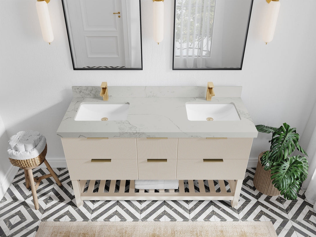 Catalina 60 in. W x 22 in. D Double Sink Bathroom Vanity in Fine Grain with 2 in Calacatta Nuvo Quartz Countertop - Top View