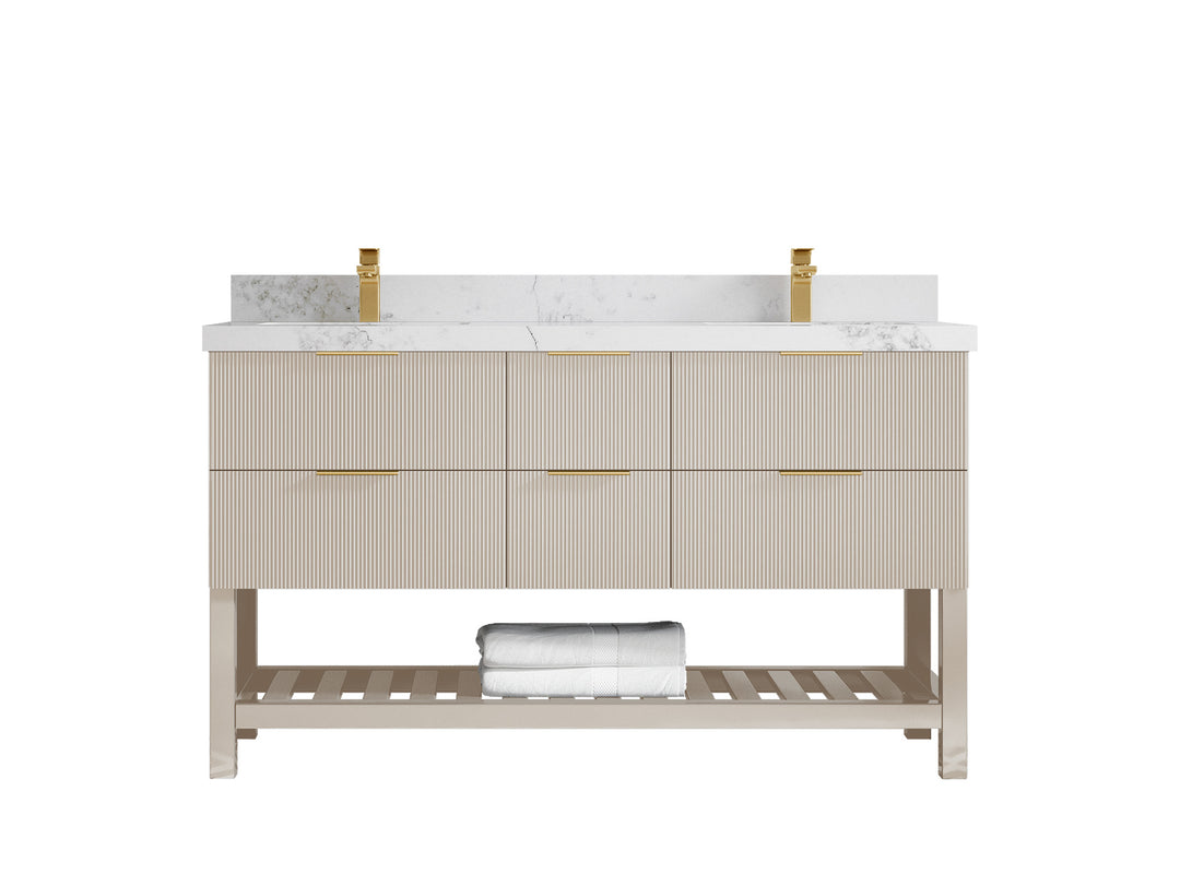 Catalina 60 in. W x 22 in. D Double Sink Bathroom Vanity in Fine Grain with 2 in Calacatta Nuvo Quartz Countertop