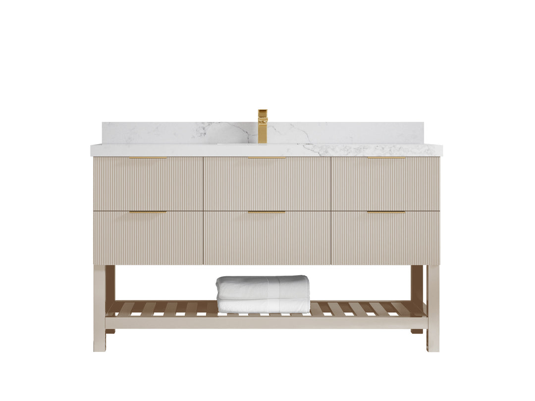 Catalina 60 in. W x 22 in. D Single Sink Bathroom Vanity in Fine Grain with 2 in Calacatta Nuvo Quartz Countertop