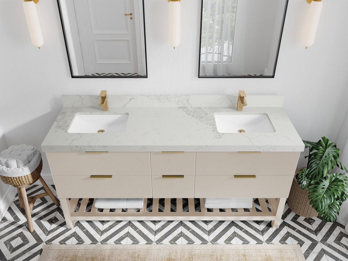 Catalina 72 in. W x 22 in. D Double Sink Bathroom Vanity in Fine Grain with 2 in Calacatta Nuvo Quartz Countertop - Top View