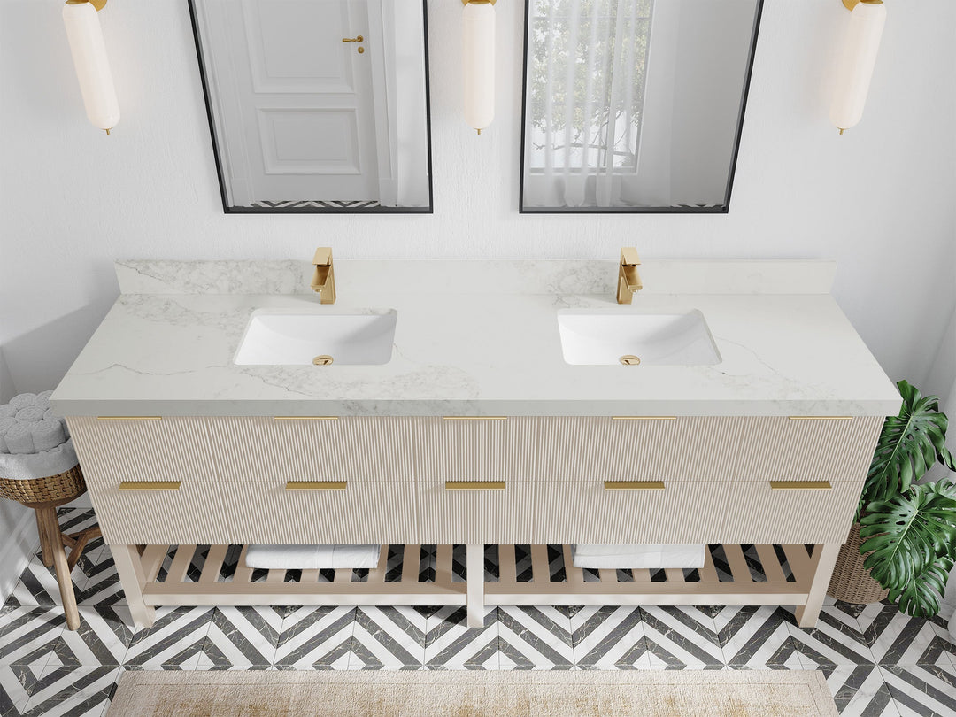 Catalina 84 in. W x 22 in. D Double Sink Bathroom Vanity in Fine Grain with 2 in Calacatta Nuvo Quartz Countertop - Top View