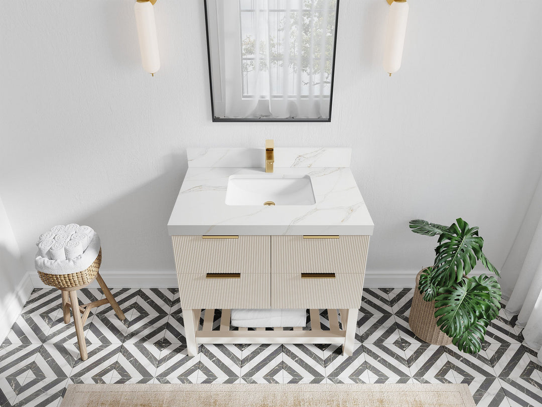 Catalina 36 in. W x 22 in. D Single Sink Bathroom Vanity in Fine Grain with 2 in Calacatta Sienna Quartz Countertop - Top View