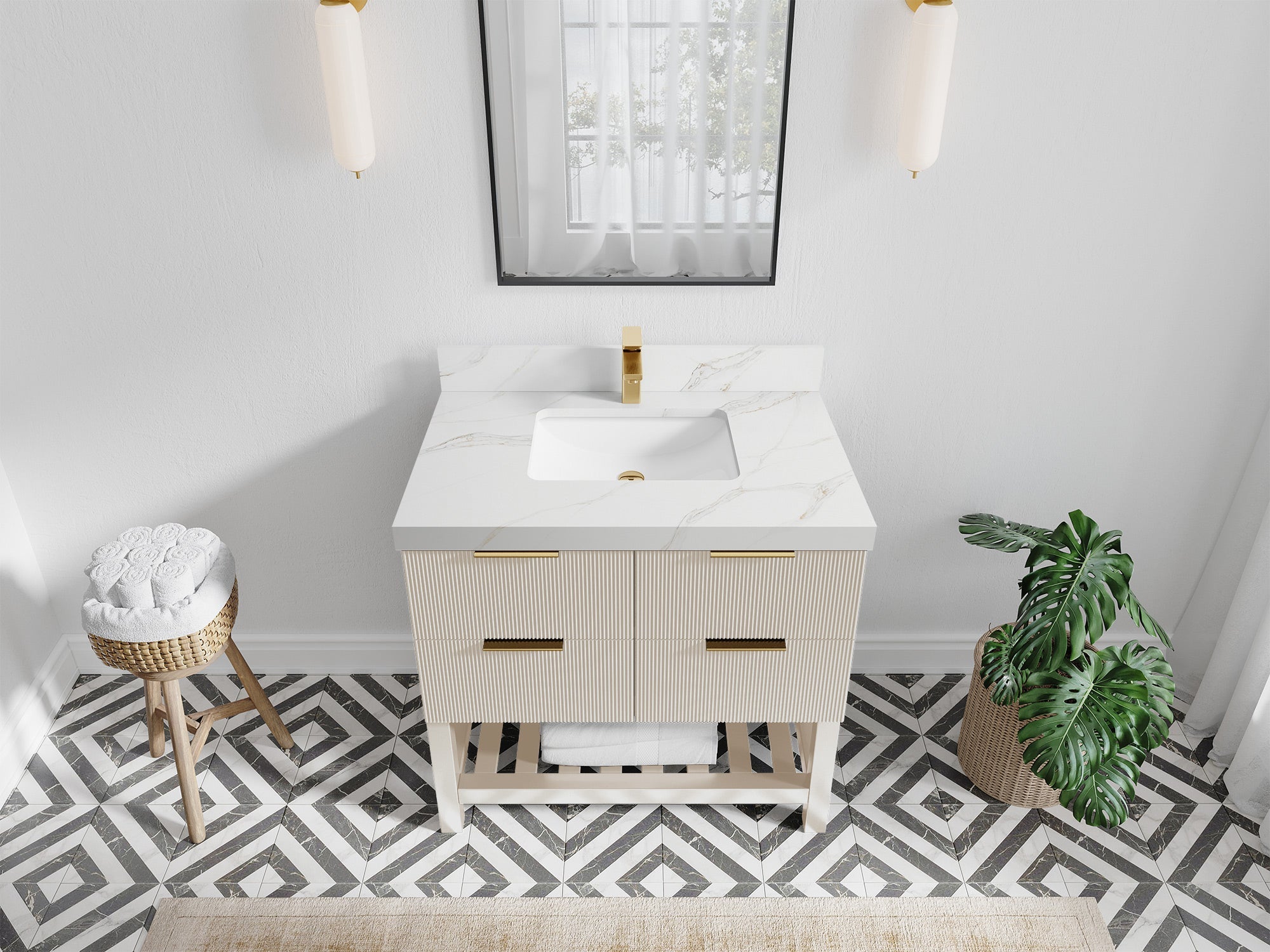 Catalina 36 in. W x 22 in. D Single Sink Bathroom Vanity in Fine Grain with 2 in Calacatta Sienna Quartz Countertop - Top View