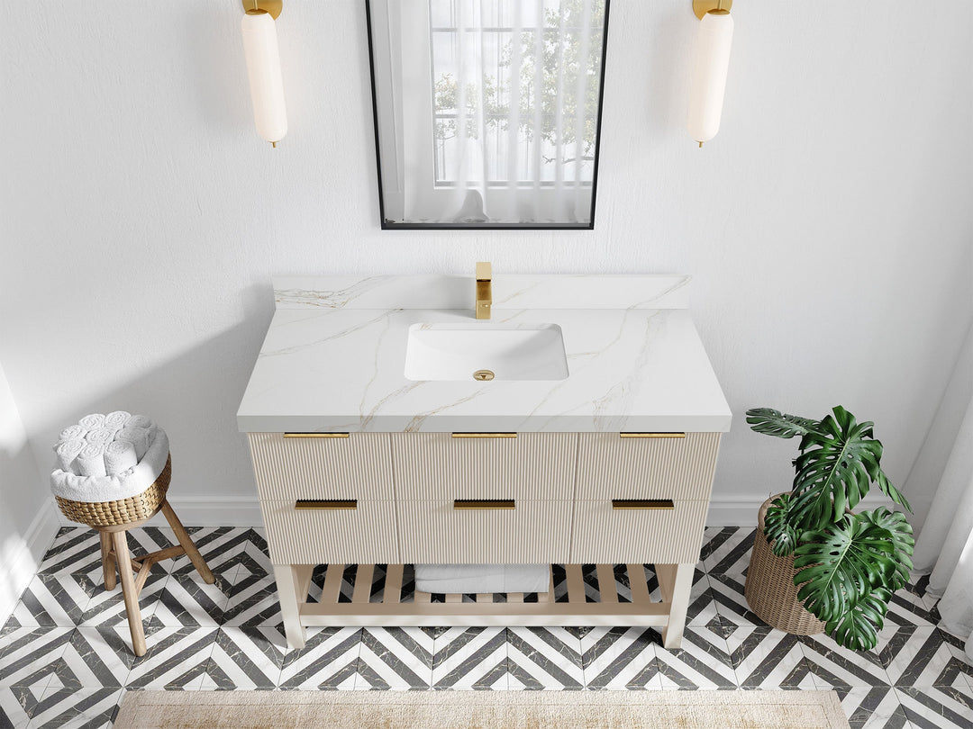 Catalina 48 in. W x 22 in. D Single Sink Bathroom Vanity in Fine Grain with 2 in Calacatta Sienna Quartz Countertop - Top View