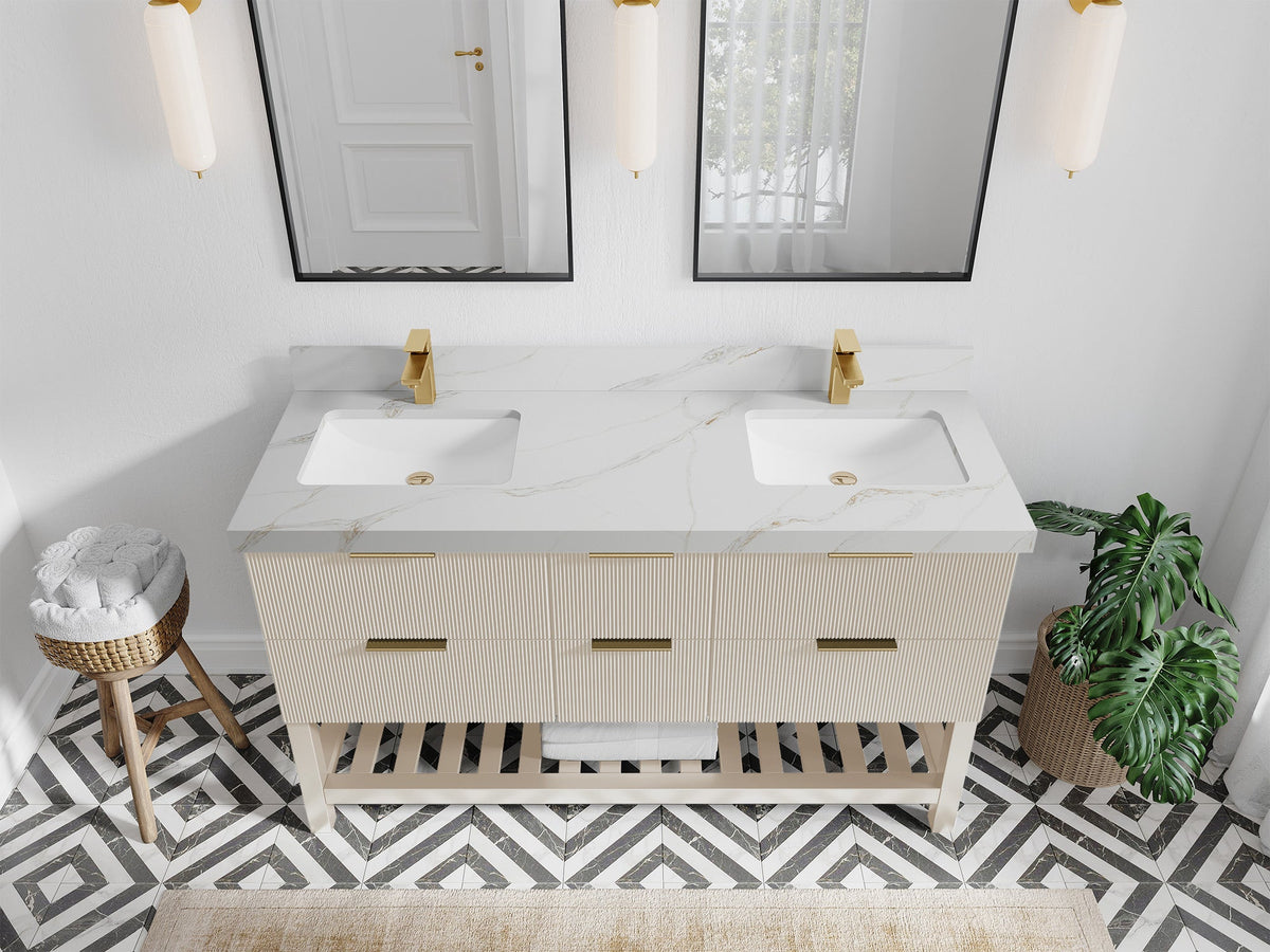 Catalina 60 in. W x 22 in. D Double Sink Bathroom Vanity in Fine Grain with 2 in Calacatta Sienna Quartz Countertop - Top View