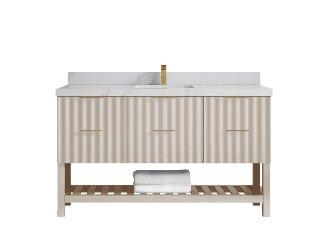 Catalina 60 in. W x 22 in. D Single Sink Bathroom Vanity in Fine Grain with 2 in Calacatta Sienna Quartz Countertop 