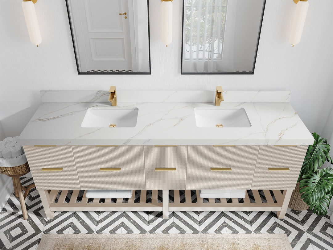 Catalina 84 in. W x 22 in. D Double Sink Bathroom Vanity in Fine Grain with 2 in Calacatta Sienna Quartz Countertop - Top View